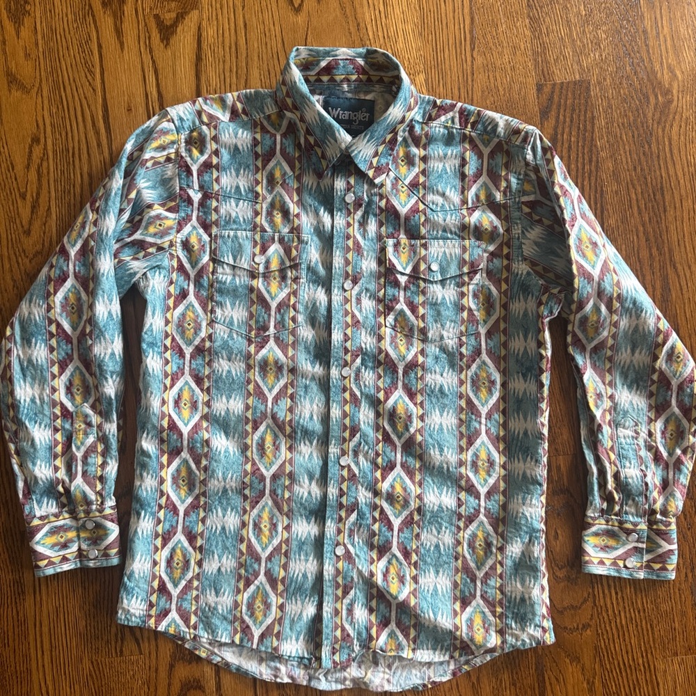Wrangler snap button blue Long Sleeve western rodeo Shirt boy Large